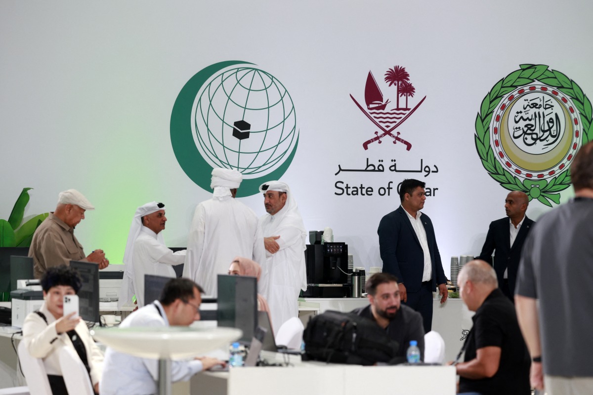 Members of the media gather at the press room reserved for the coverage of the upcoming Arab-Islamic summit, organised to discuss the recent Israeli attack on Qatar, in Doha on September 14, 2025. Photo by Karim Jaafar/ AFP