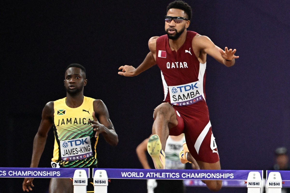 Qatar’s Abderrahman Samba competes in the men’s 400m hurdles heats.