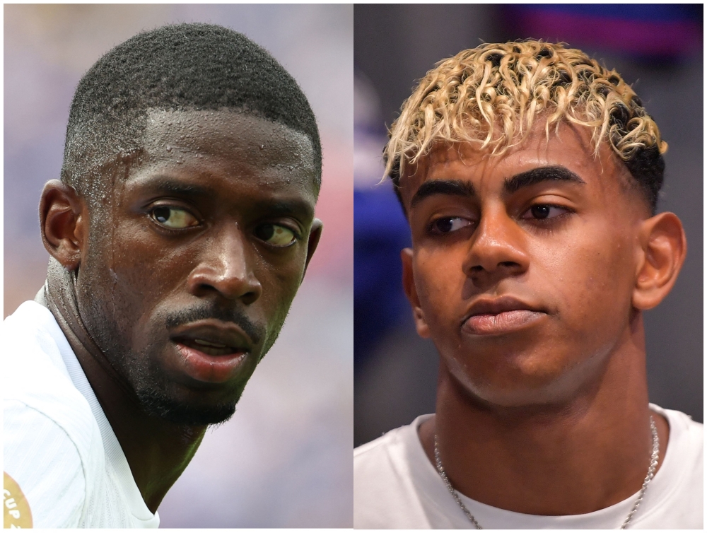 A combination pictures made on September 22, 2025 shows the top favourites to win the 2025 Ballon d'Or award Paris Saint-Germain's French forward Ousmane Dembele (left) and Barcelona's Spanish forward Lamine Yamal. (Photo by AFP)