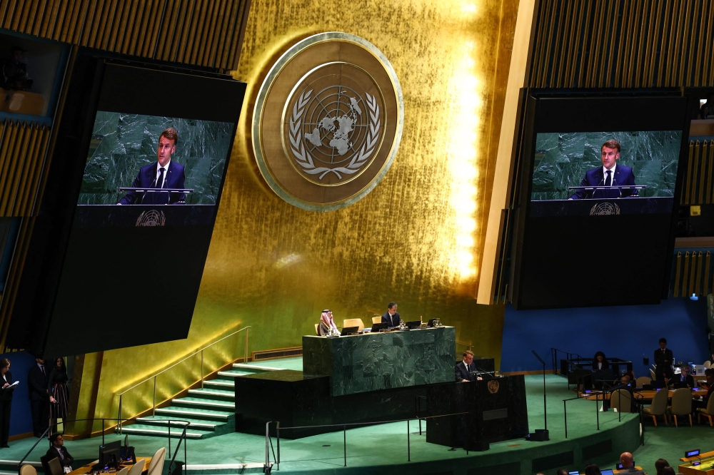 France's President Emmanuel Macron speaks during a United Nations Summit on Palestinians at UN headquarters during the United Nations General Assembly (UNGA) in New York on September 22, 2025. (Photo by Angela Weiss / AFP)
 