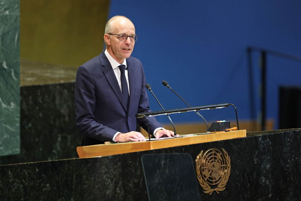 Luxembourg's Prime Minister Luc Frieden speaks during a United Nations Summit on Palestinians at UN headquarters on September 22, 2025. (Photo by Angela Weiss / AFP)