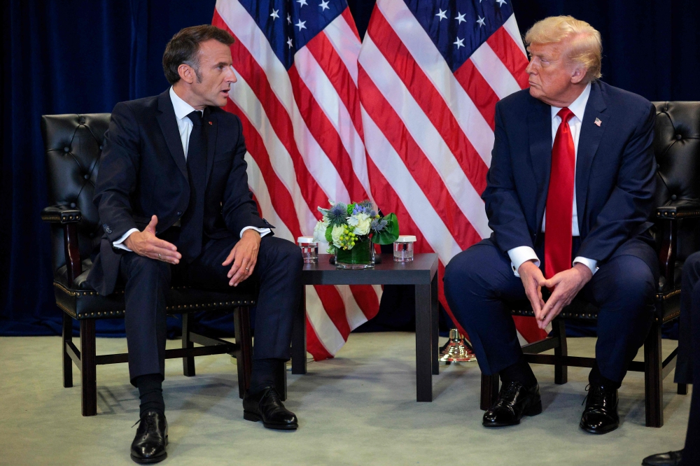 President of France Emmanuel Macron speaks during a bilateral meeting with US President Donald Trump at the 80th session of the UN’s General Assembly (UNGA) at the United Nations headquarters on September 23, 2025 in New York City. (Photo by Chip Somodevilla/Getty Images/AFP)