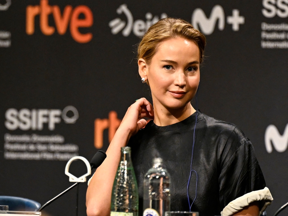 US actress and producer Jennifer Lawrence attends a press conference hours before receiving the Donostia lifetime achievement award on September 26, 2025. (Photo by Ander Gillenea / AFP)