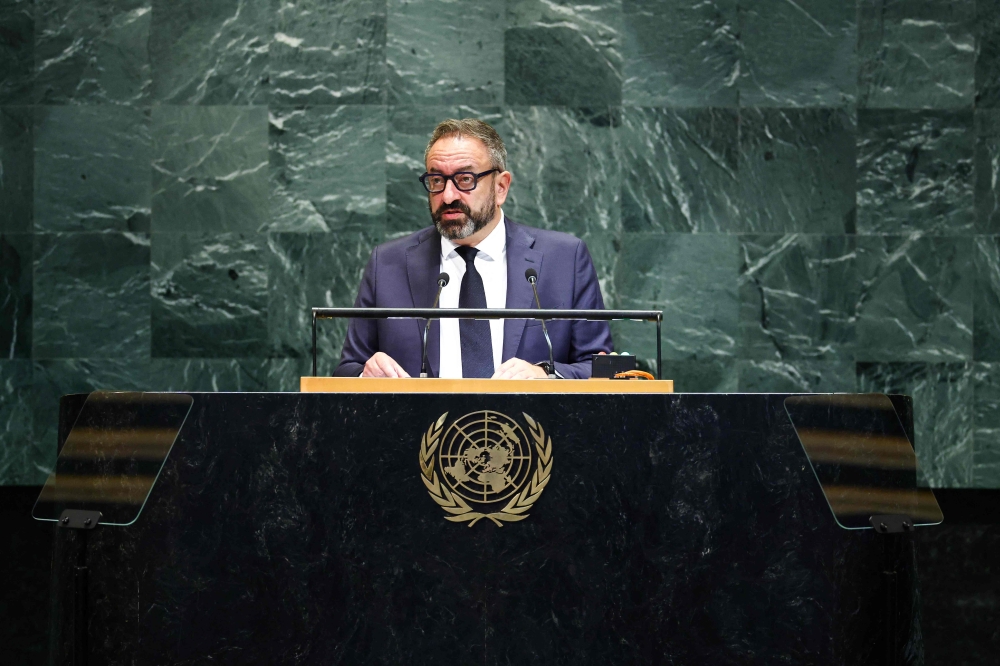 San Marino's Foreign and Political Affairs Minister Luca Beccari addresses the United Nations General Assembly at UN headquarters in New York City on September 27, 2025. (Photo by Charly Triballeau / AFP)