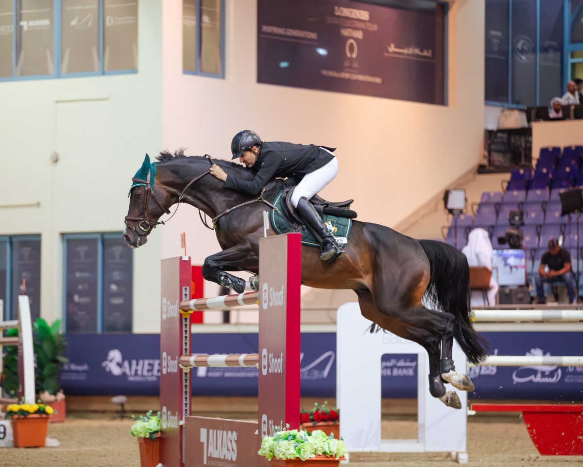 Saudi rider Khalid Al-Eid astride Q-Layen in action at Qatar Equestrian Federation’s indoor arena yesterday.