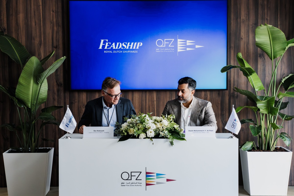 QFZ CEO, Sheikh Mohammed bin Hamad bin Faisal Al-Thani, and Bas Nederpelt, Chief Commercial Officer of Feadship during the signing ceremony.