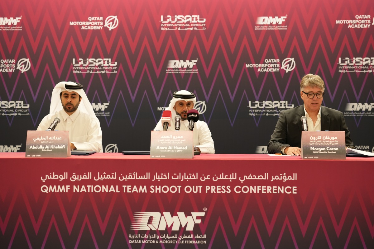 From left: Driver Coach Abdulla Al Khelaifi, QMMF Executive Director  Al Hamad and QMMF Shoot Out Team Lead Morgan Caron during a press conference yesterday. 