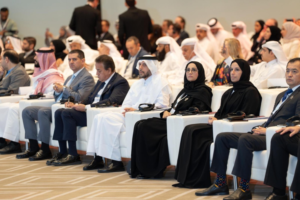 Minister of Social Development and Family H E Buthaina bint Ali Al Jabr Al Nuaimi (second right); Minister of Public Health H E  Mansoor bin Ebrahim Al Mahmoud (fourth right); and other dignitaries at the Sixth Global Ministerial Mental Health Summit yesterday. 