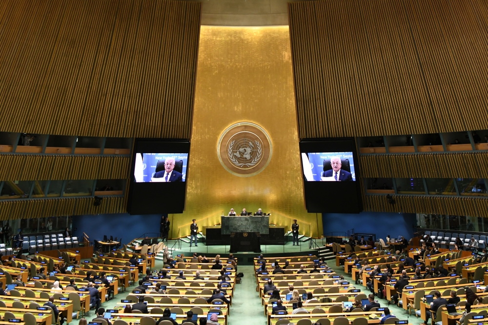 Palestinian President Mahmoud Abbas delivers a speech via video link during the General Debate of the 80th session of the United Nations General Assembly (UNGA) at the UN headquarters in New York, on September 25, 2025. (Xinhua/Li Rui)