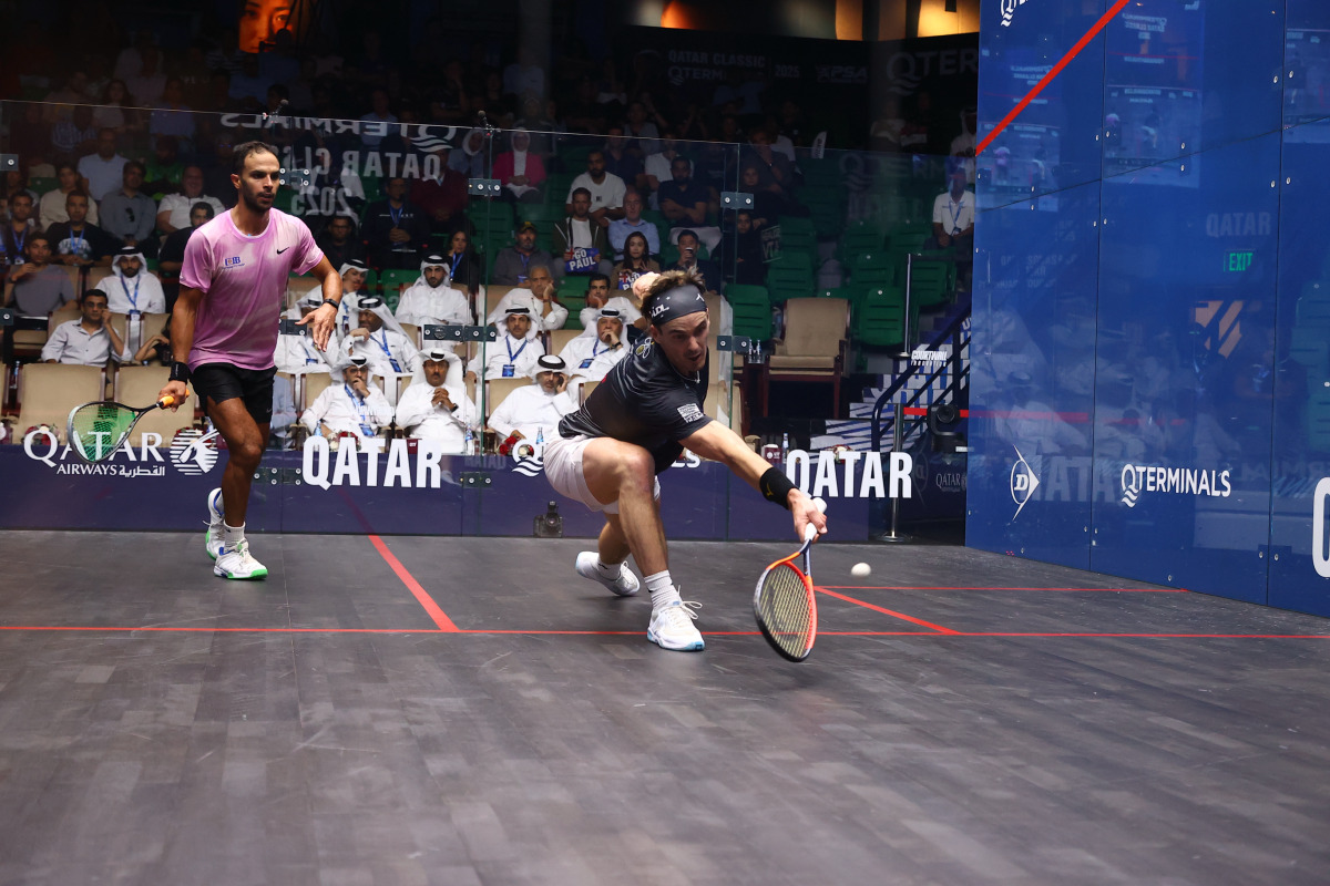 New Zealand's Paul Coll (right) in action against Mohamed Abouelghar of Egypt.