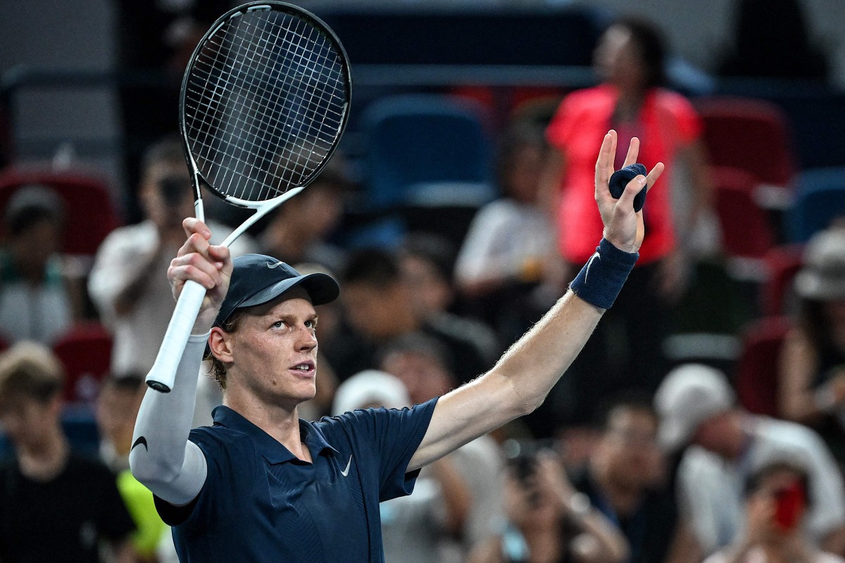 Italy Jannik Sinner reacts after winning against Germany Daniel Altmaier during their men's singles match at the Shanghai Masters tennis tournament in Shanghai on October 4, 2025. (Photo by Jade GAO / AFP)
