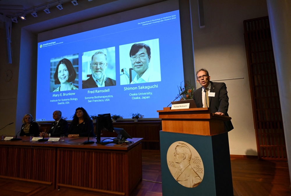 Nobel Committee Secretary General Thomas Perlmann (R) addresses journalists in front of a screen displaying the portraits of (L-R) Mary E Brunkow, Fred Ramsdell and Shimon Sakaguchi during a press conference. (Photo by Jonathan Nackstrand / AFP)