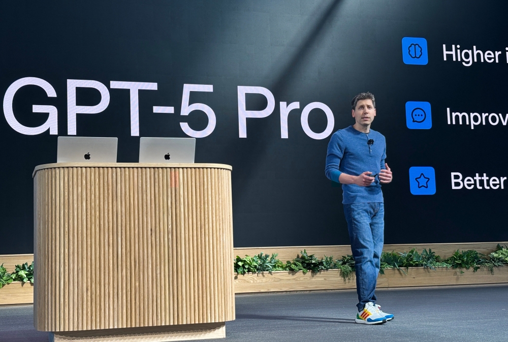 OpenAI CEO Sam Altman speaks at OpenAI DevDay, the company's annual conference for developers, in San Francisco, California, on October 6, 2025. (Photo by Benjamin Legendre / AFP)
