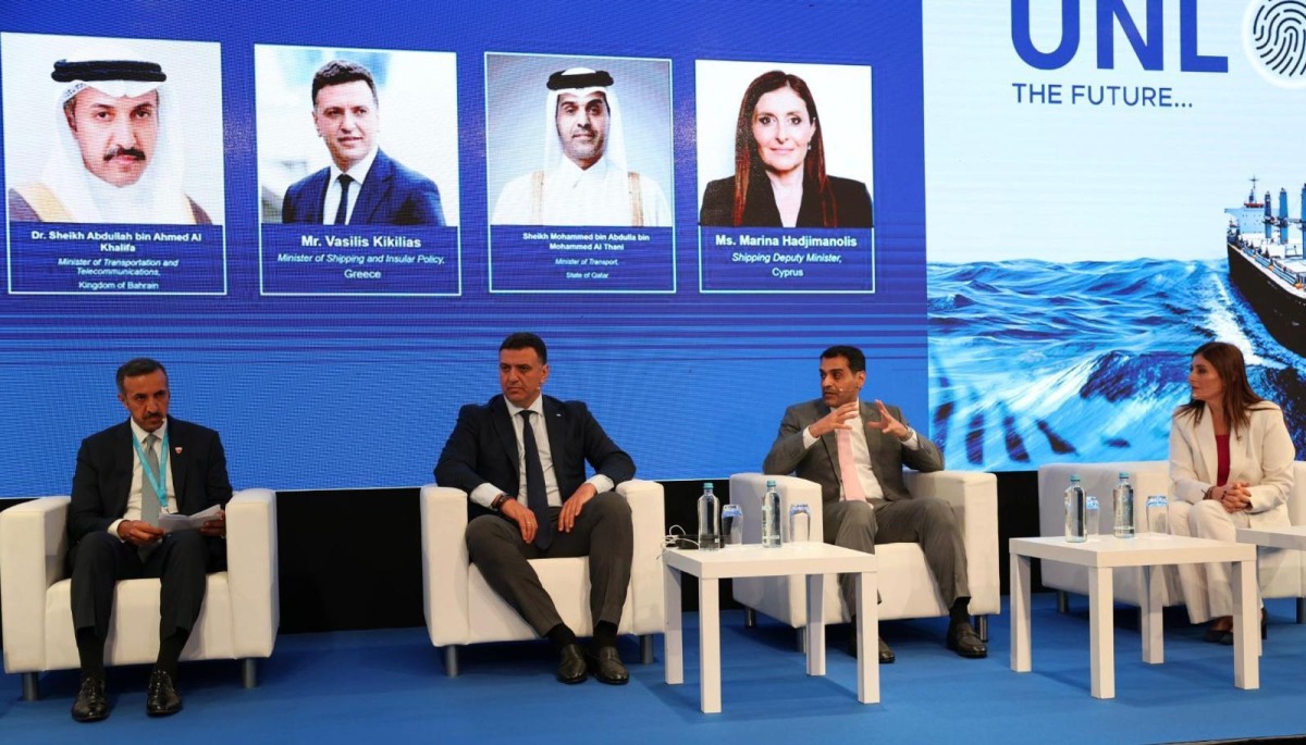 Minister of Transport H E Sheikh Mohammed bin Abdulla bin Mohammed Al Thani speaking at a session.