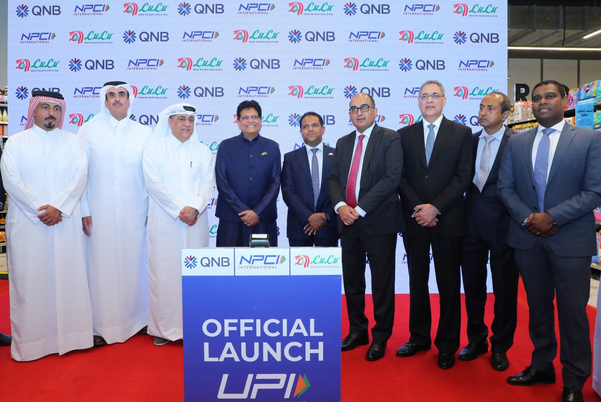 Minister of Commerce and Industry of India H E Piyush Goyal, Ambassador of India to Qatar H E Vipul, Global Director of Lulu Group International Dr Mohamed Althaf with QNB officials during the event. 