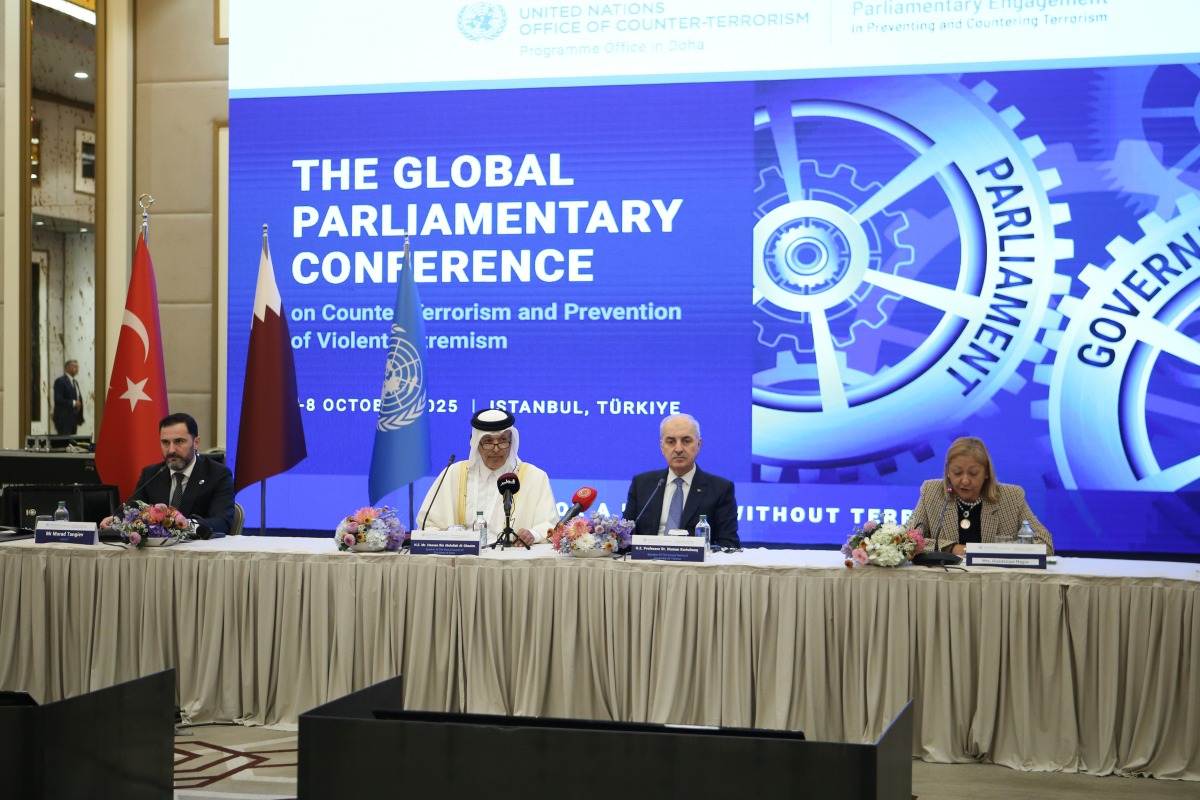 Speaker of the Shura Council H E Hassan bin Abdullah Al Ghanim and other delegates at the opening session of the Global Parliamentary Conference on Counter-Terrorism, in Istanbul, Turkiye, yesterday.