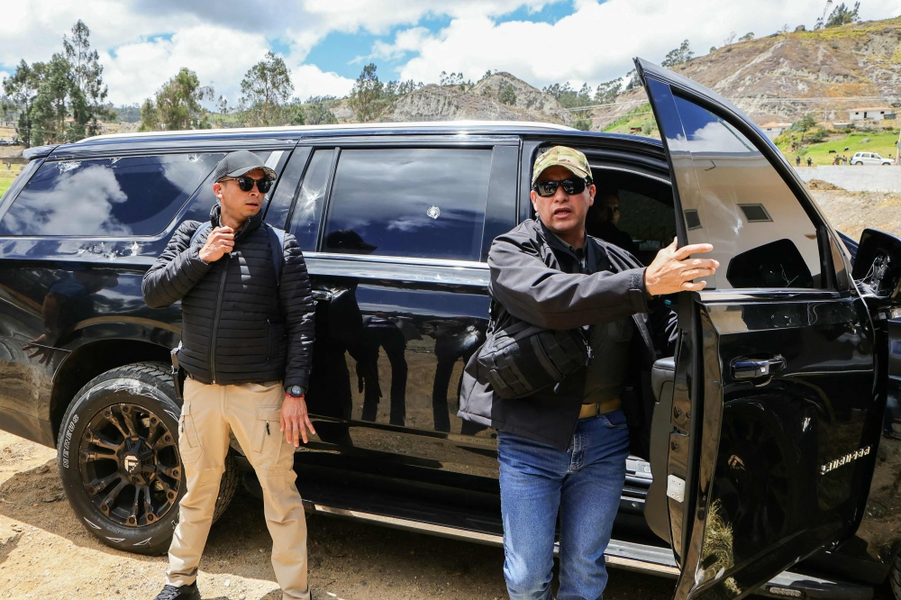 This handout picture released by the Ecuadorean Presidency shows the vehicle in which Ecuador's President Daniel Noboa was traveling when it was hit by gunfire in Caٌar, Ecuador, on October 7, 2025. (Photo by Handout / Ecuadorian Presidency / AFP)