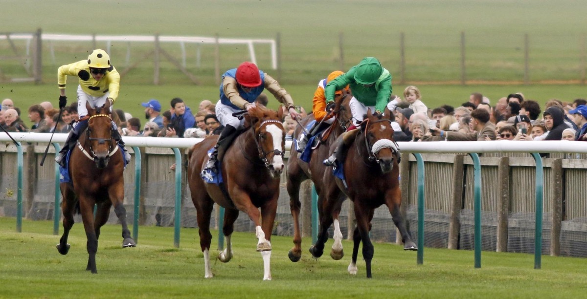 James Doyle and Damysus on their way to win the Too Darn Hot Darley Stakes at Newmarket, yesterday. 