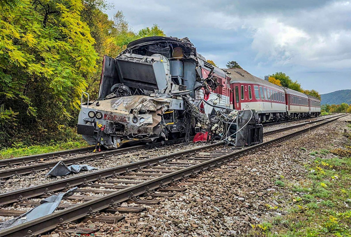 This handout photo provided by the Slovak Police via its Facebook site on October 13, 2025 shows a damaged train at the accident site of two collided passenger trains near the village of Jablonov nad Turnou close to Kosice, Slovakia. Photo by Handout / Slovak Police via FB / AFP
