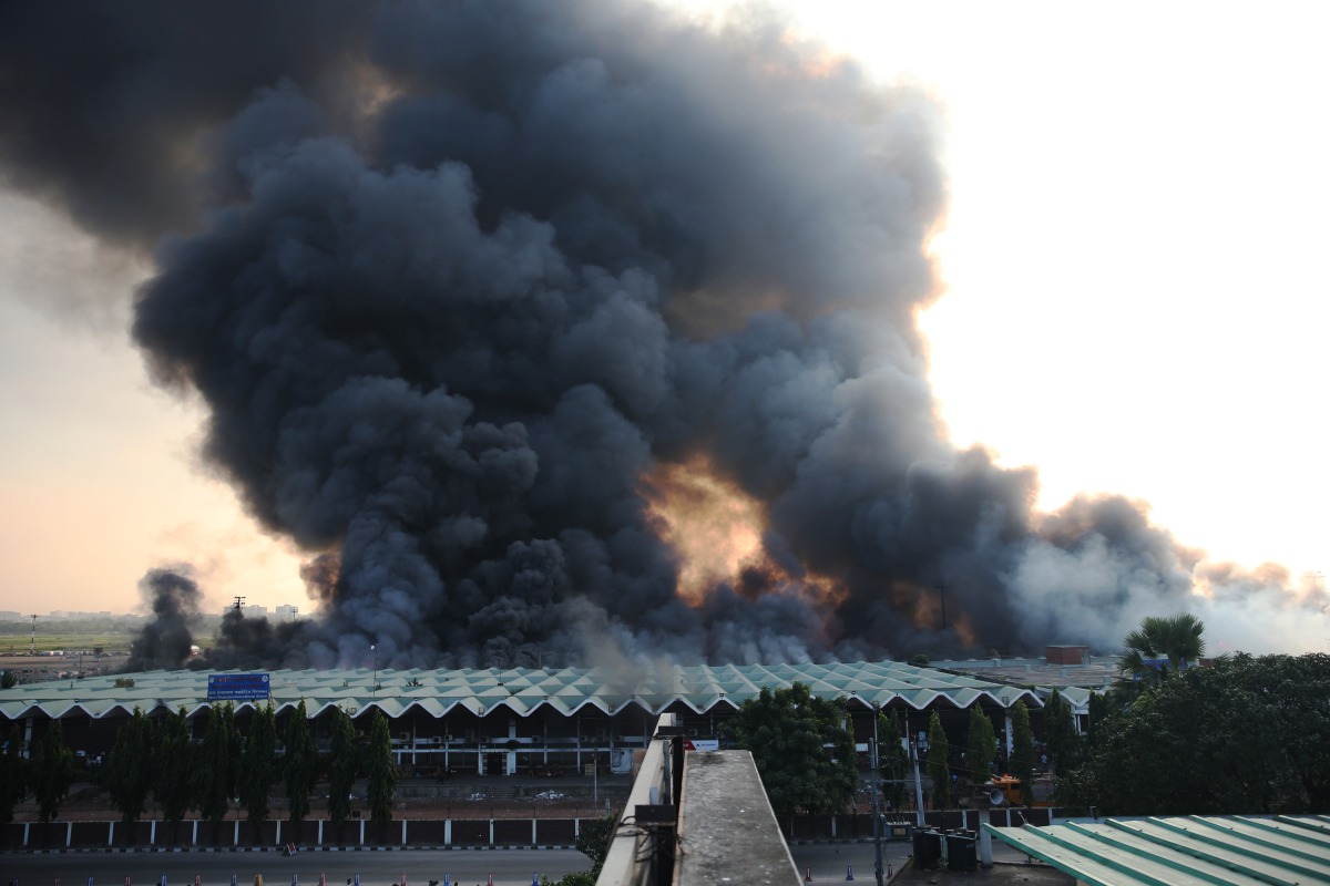 This photo taken on Oct. 18, 2025 shows a massive fire in the cargo area of Hazrat Shahjalal International Airport in Dhaka, Bangladesh. (Photo by Habibur Rahman/Xinhua)