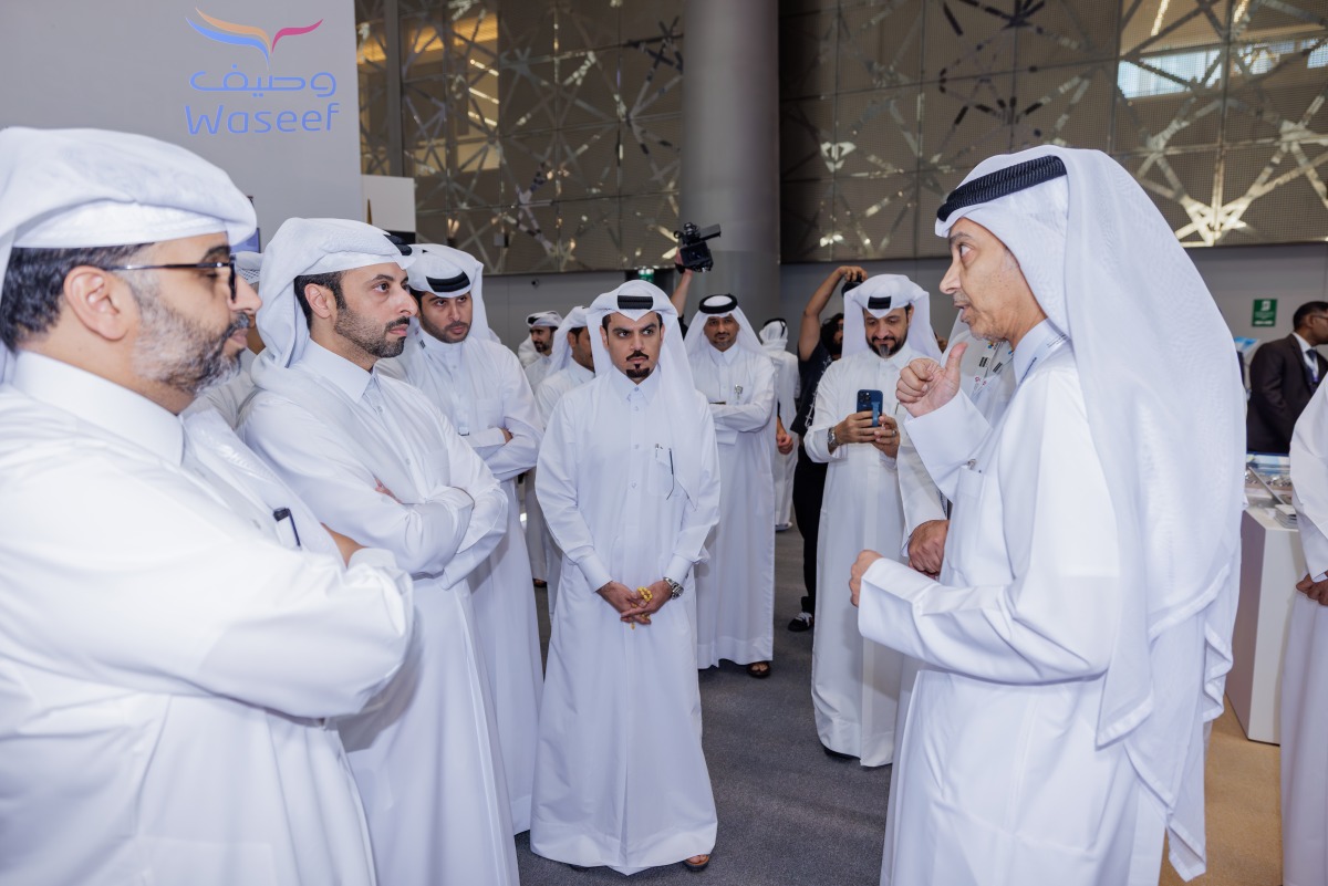 Minister of Municipality H E Abdullah bin Hamad bin Abdullah Al Attiyah along with other dignitaries and officials visiting the Waseef pavilion during the exhibition, yesterday.