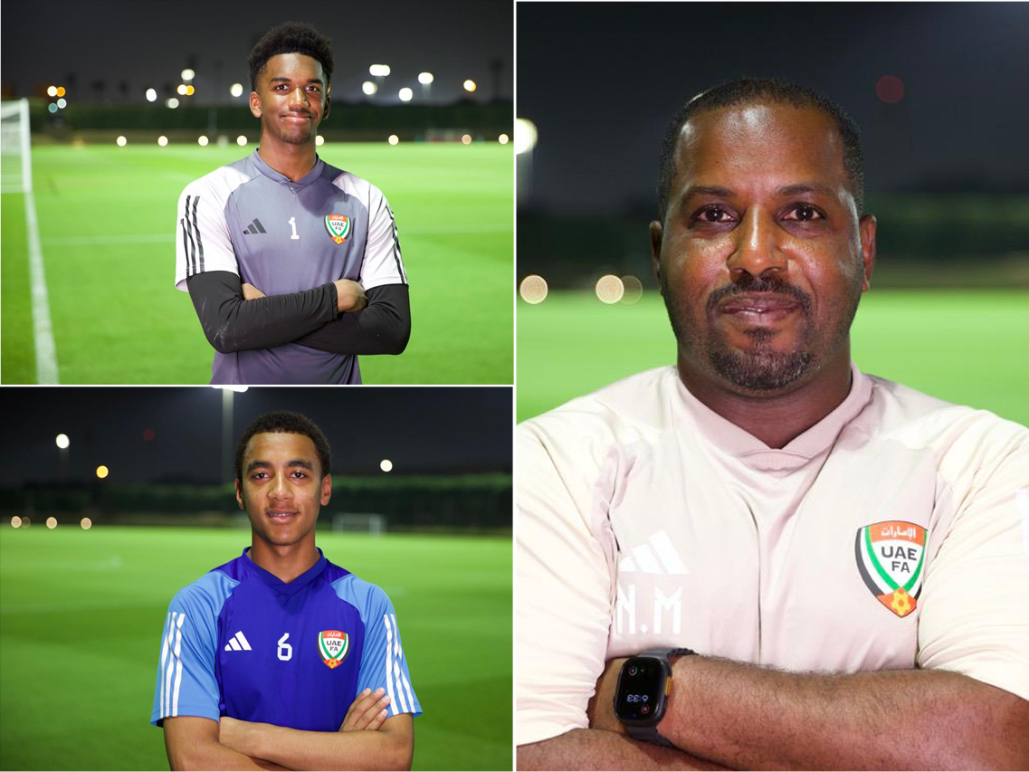 Clockwise from top left: Goalkeeper Jassim Al Hammadi; Assistant coach and former UAE player Nawaf Mubarak; and UAE player Abdulrahman Al Awani