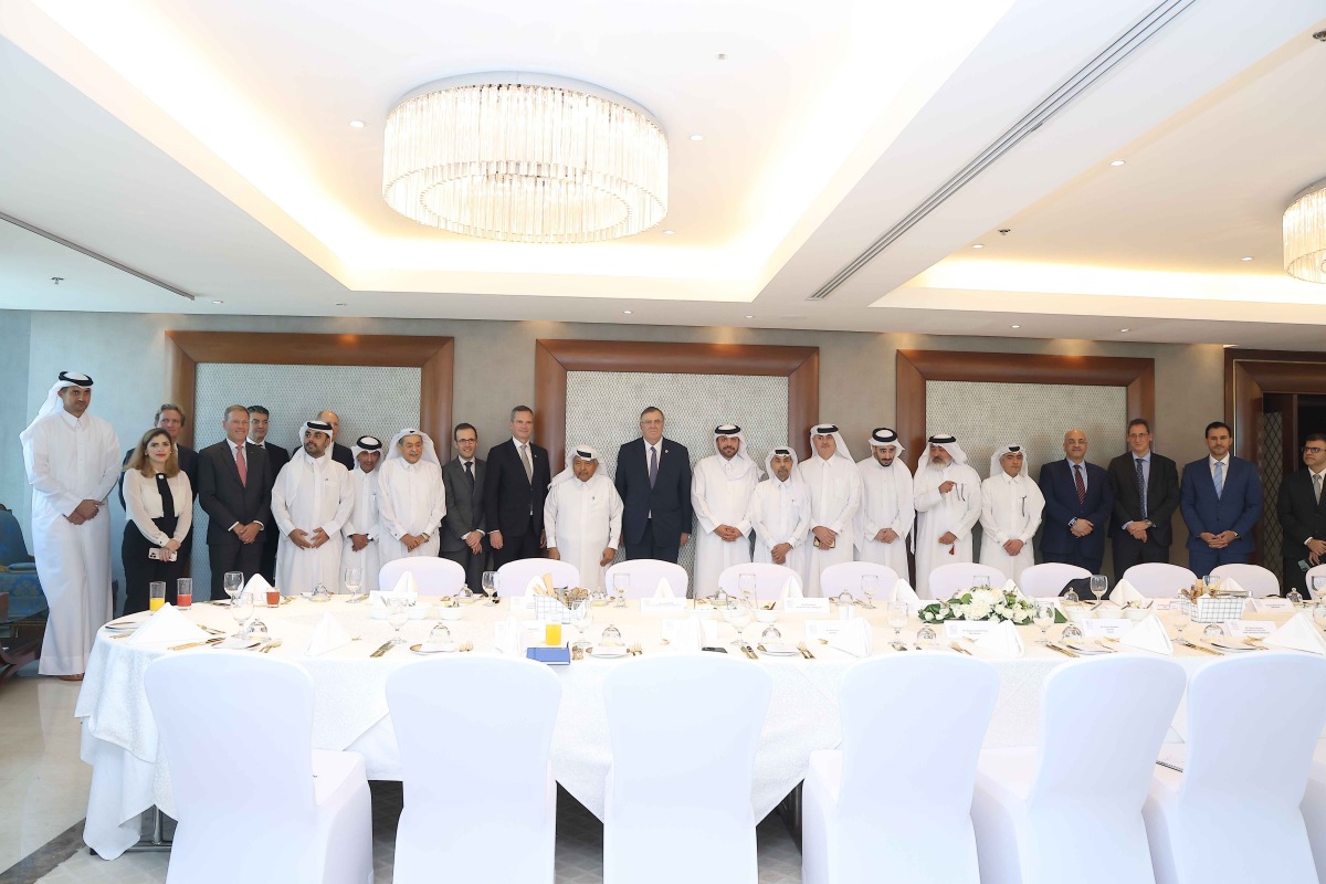QBA Chairman Sheikh Faisal bin Qassim Al Thani, Chairman of France-Qatar Business Council at MEDEF Arnaud Piéton, French Ambassador to Qatar H E Arnaud Pescheux with other officials during the meeting.
