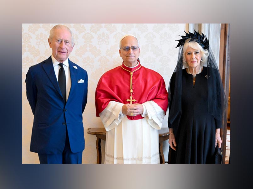 Pope Leo XIV during a meeting with Britain's King Charles III and Britain's Queen Camilla in The Vatican. Photo by Handout / Vatican Media / AFP