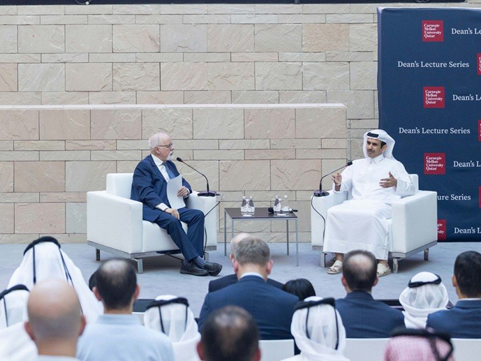 Minister of State for Energy Affairs and the President and CEO of QatarEnergy, H E Saad Sherida Al-Kaabi; and CMU-Q Dean Michael Trick in conversation at the latest edition of Dean’s Lecture Series.