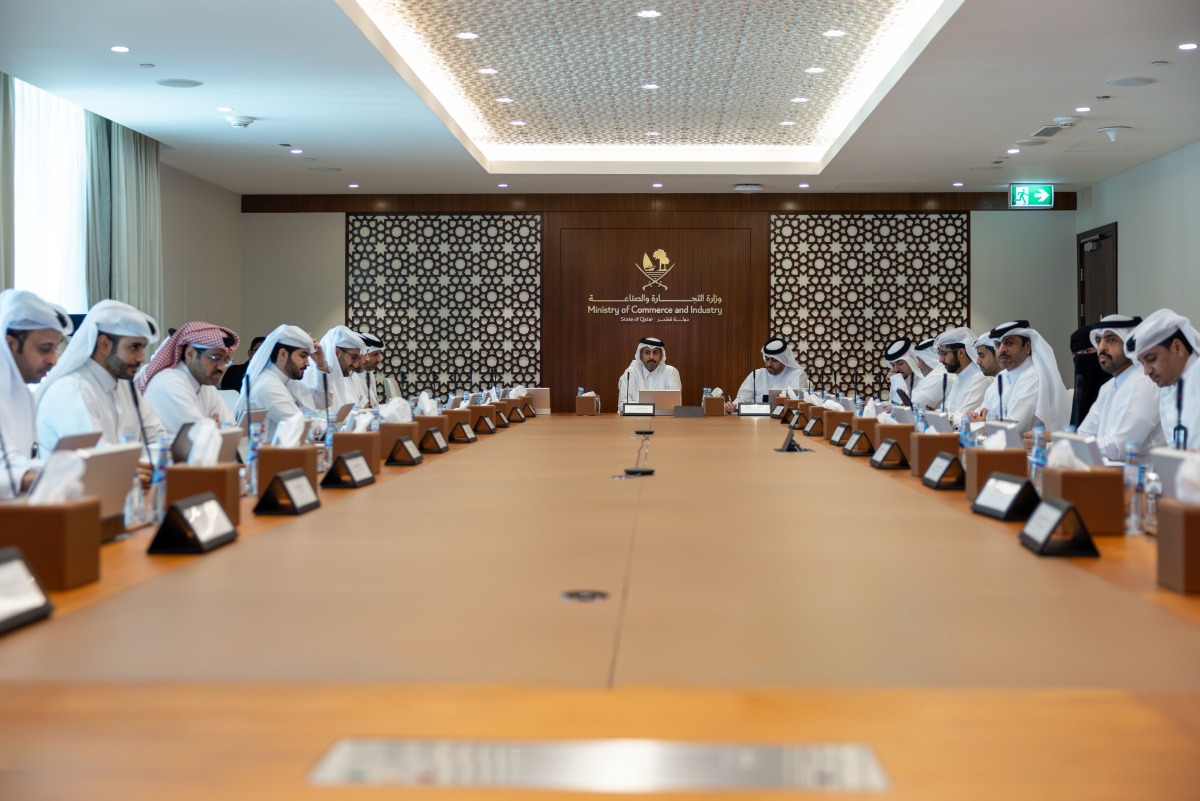 Minister of Commerce and Industry, H E Sheikh Faisal bin Thani bin Faisal Al Thani; Undersecretary of the Ministry, H E Mohammed bin Hassan Al Malki, with other officials during the meeting.