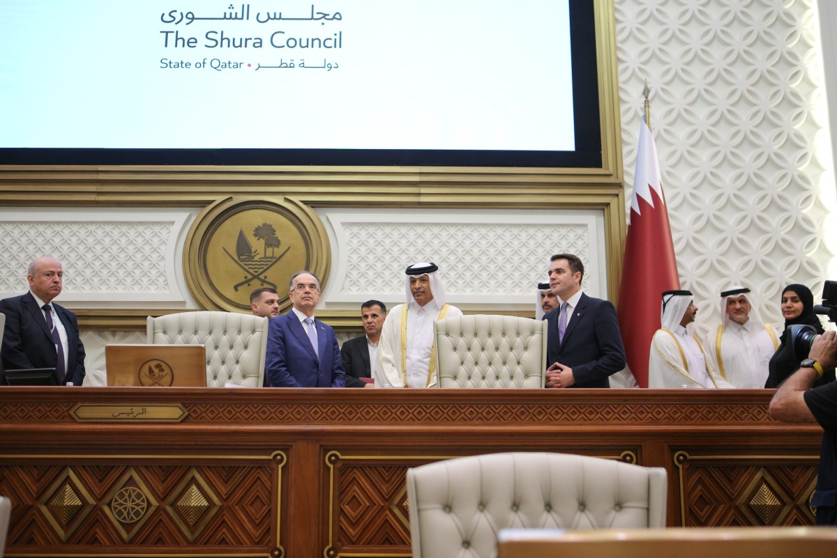 Speaker of the Shura Council H E Hassan bin Abdullah Al Ghanim welcoming President of the Republic of Albania H E Bajram Begaj during his visit to Shura Council yesterday.
