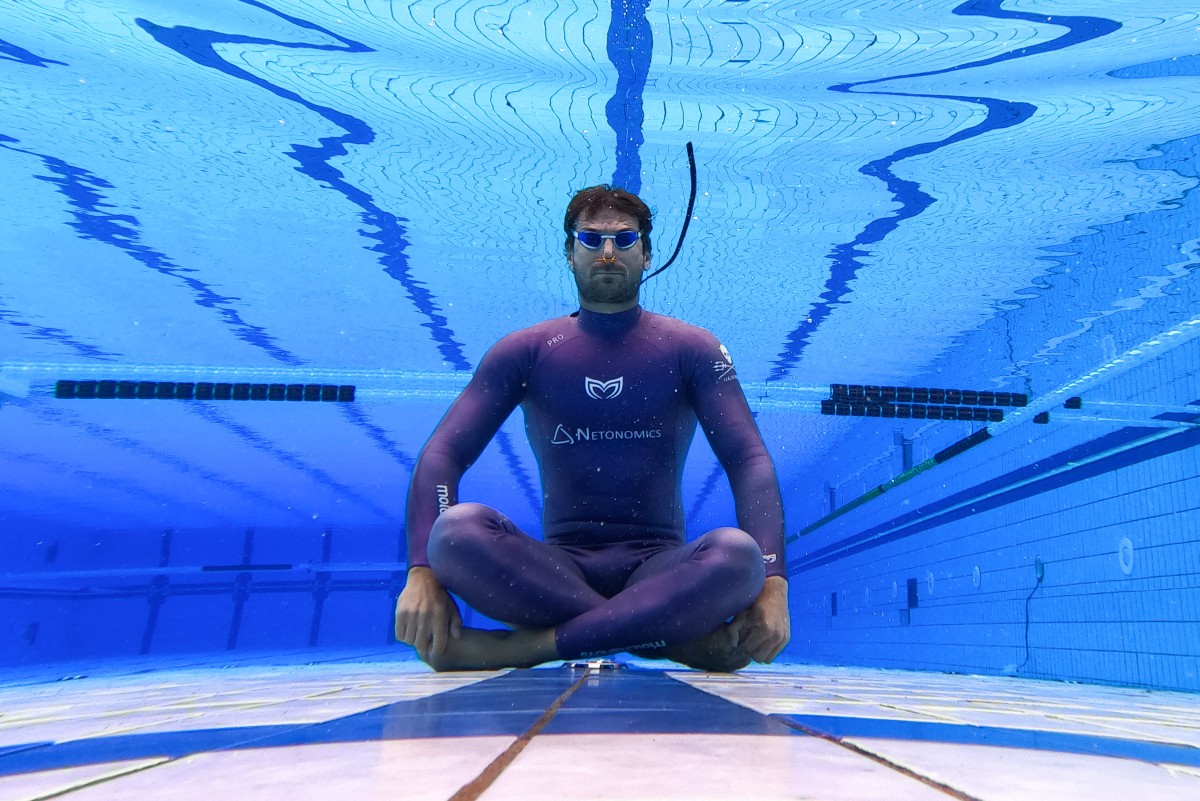 Croatian free diver Vitomir Maricic, 40, relaxes under water during a training at the pool in Rijeka, on October 4, 2025. Damir Sencar / AFP
