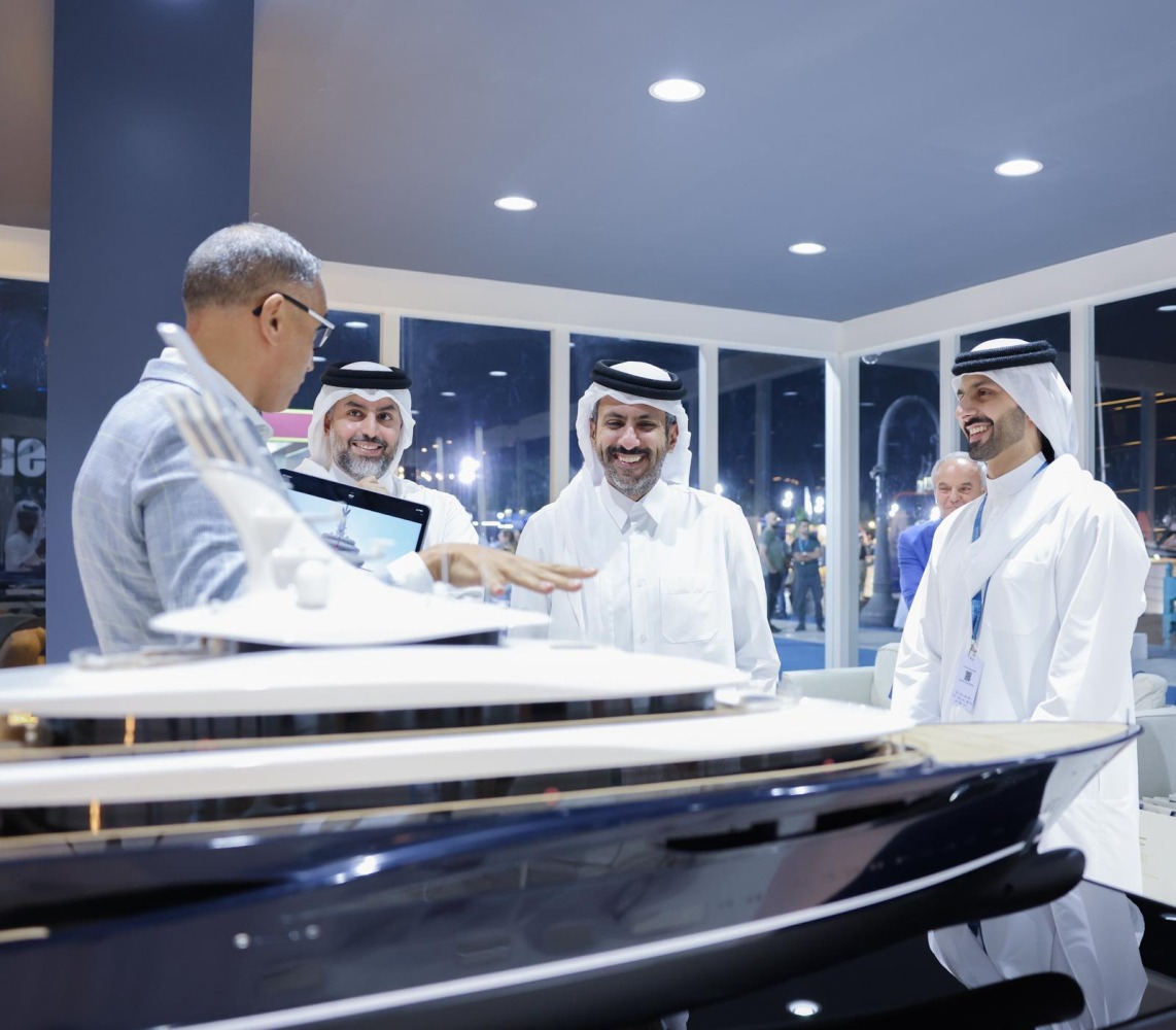 Minister of Commerce and Industry H E Sheikh Faisal bin Thani bin Faisal Al Thani visiting Qatar Boat Show 2025 at the Old Doha Port yesterday.
