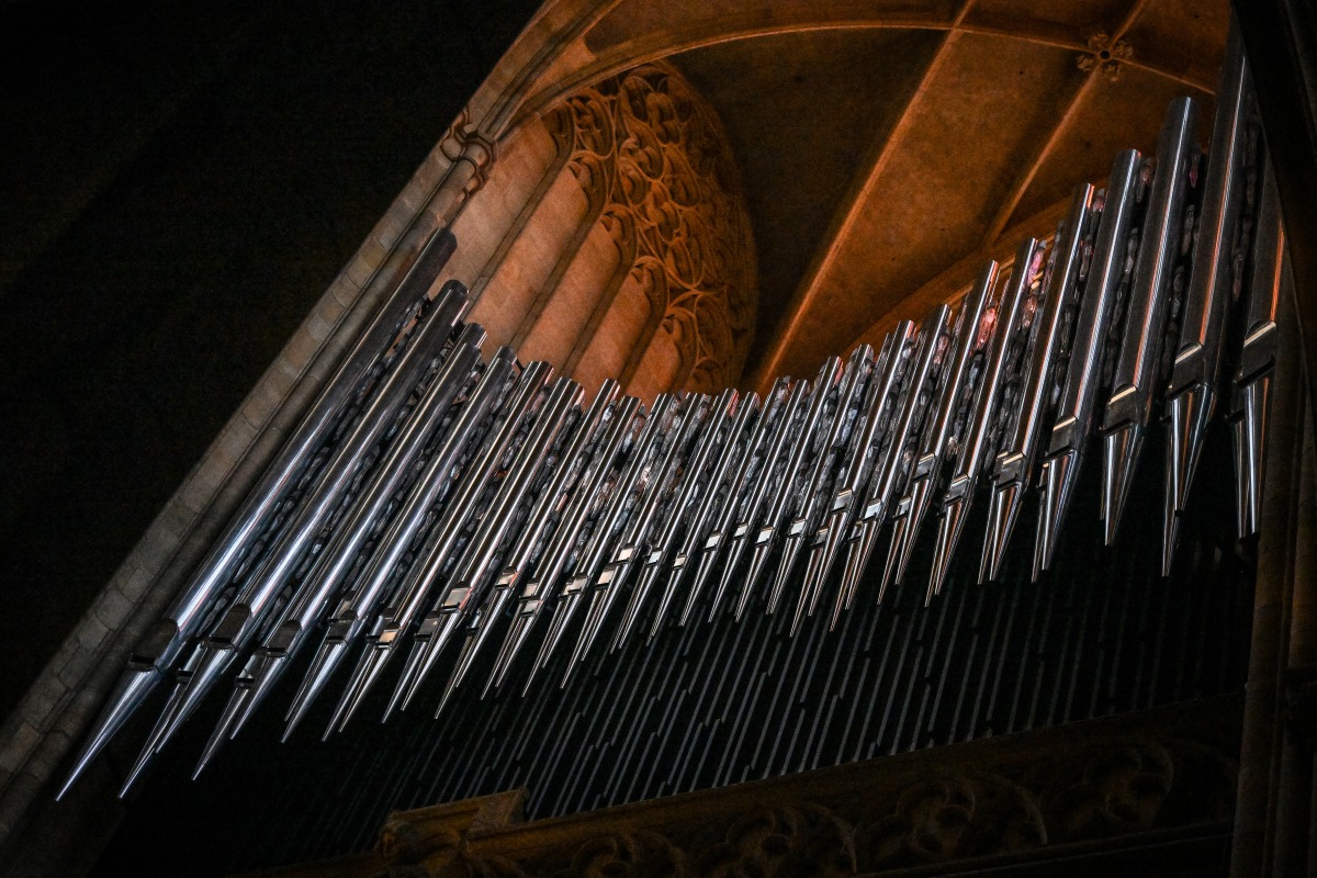 This photo taken on November 5, 2025 shows pipes of the new organ in St Vitus Cathedral at Prague Castle, Czech Republic. Photo by MICHAL CIZEK / AFP