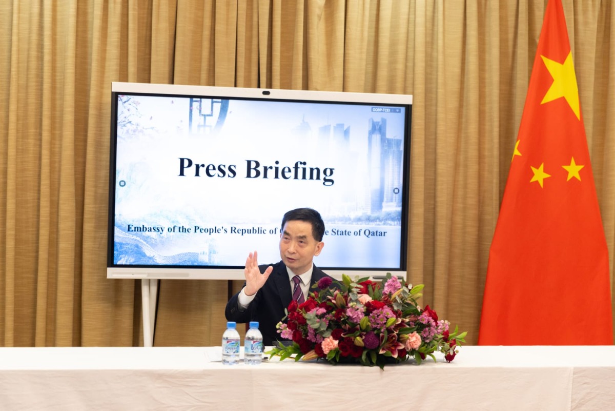Ambassador of China to Qatar H E Cao Xiaolin during the press briefing.