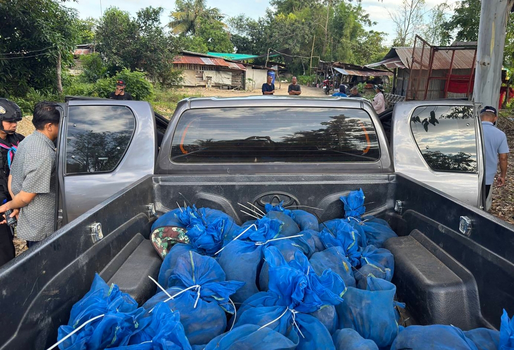 Handout photo taken by the 12th Ranger Forces Regiment of the Royal Thai Army on November 14, 2025 and released on November 15 shows seized macaque monkeys in blue mesh bags after being rescued from a wildlife smuggling operation in Aranyaprathet district in Sa Kaeo province near the Thailand-Cambodia border. (Photo by Handout / 12th Ranger Forces Regiment of the Royal Thai Army / AFP)