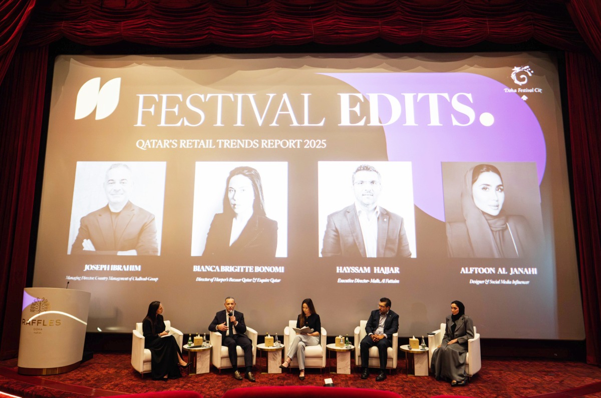 From right to left: Alftoon Al-Janahi, Designer & Social Media Influencer; Hayssam Hajjar, Executive Director - Malls, Al-Futtaim Real Estate; Bianca Brigitte Bonomi, Director of Harper’s Bazaar Qatar&Esquire Qatar; Joseph Ibrahim, Managing Director, Country Management of Chalhou Group; Areej Mohammed, TV Host.
