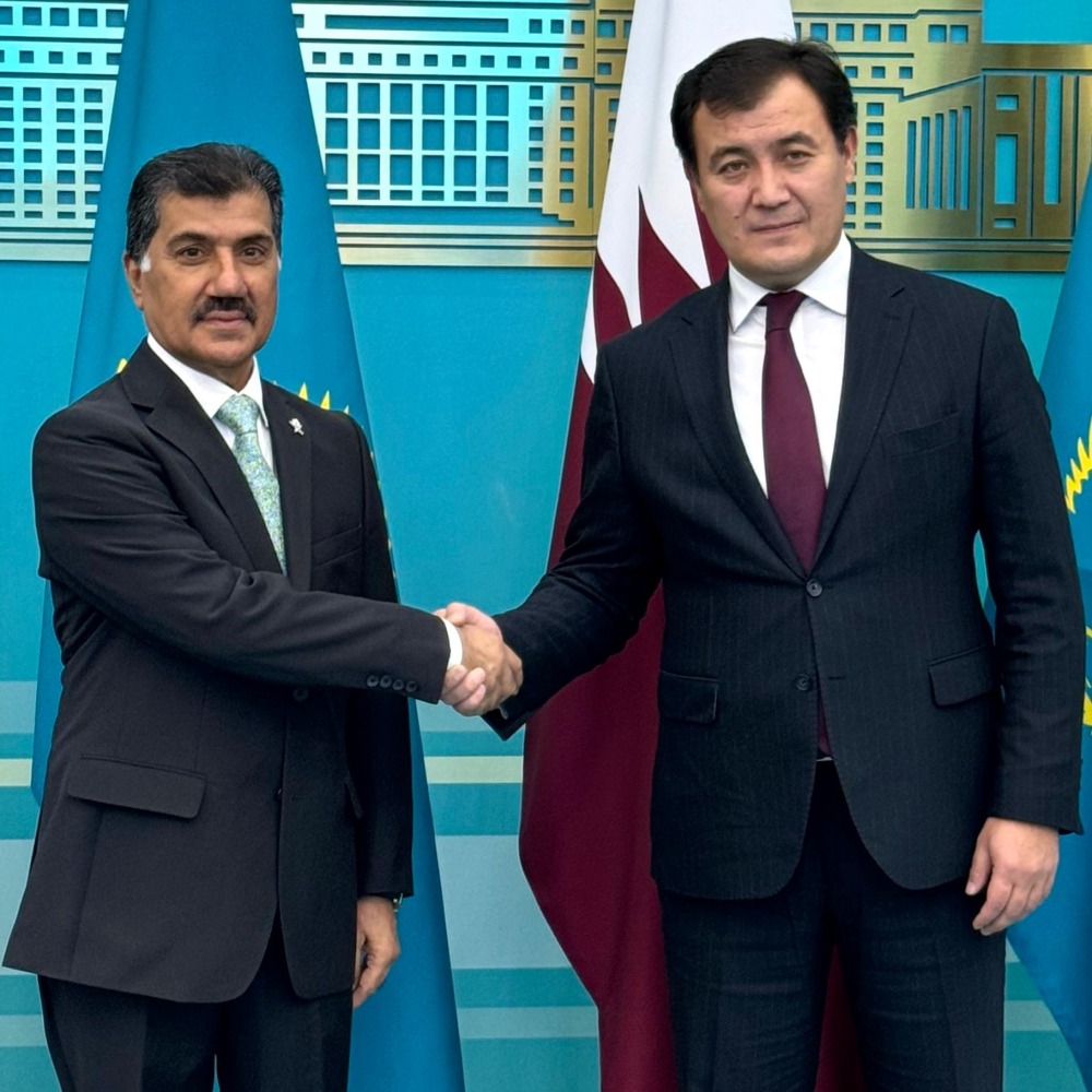 Secretary-General of the Ministry of Foreign Affairs H E Dr. Ahmed bin Hassan Al Hammadi with Minister of Foreign Affairs of the Republic of Kazakhstan H E Yermek Kosherbayev, during the meeting. 