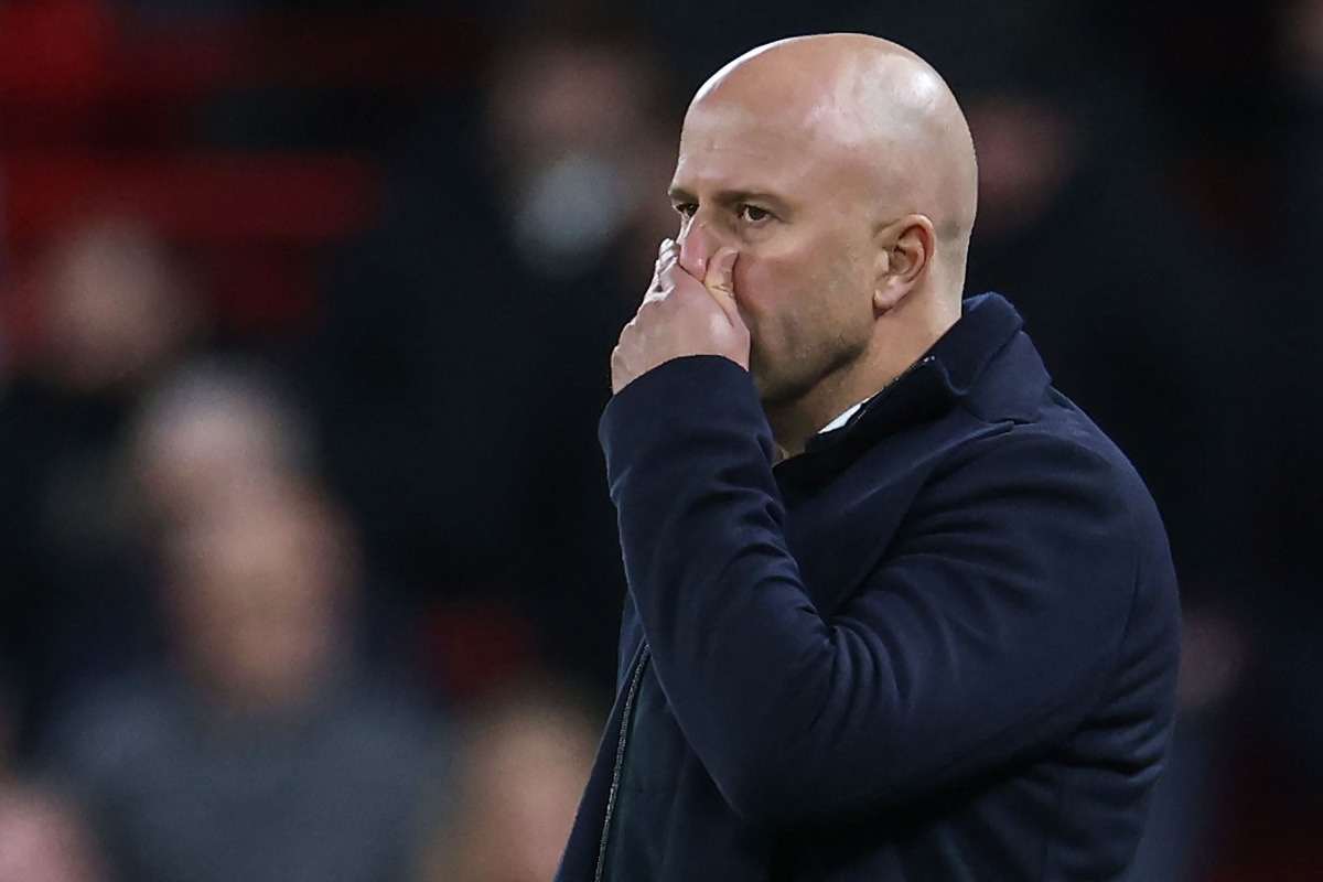 Liverpool's Dutch manager Arne Slot reacts during the English Premier League football match between Liverpool and Nottingham Forest at Anfield in Liverpool, north west England on November 22, 2025. (Photo by Darren Staples / AFP)