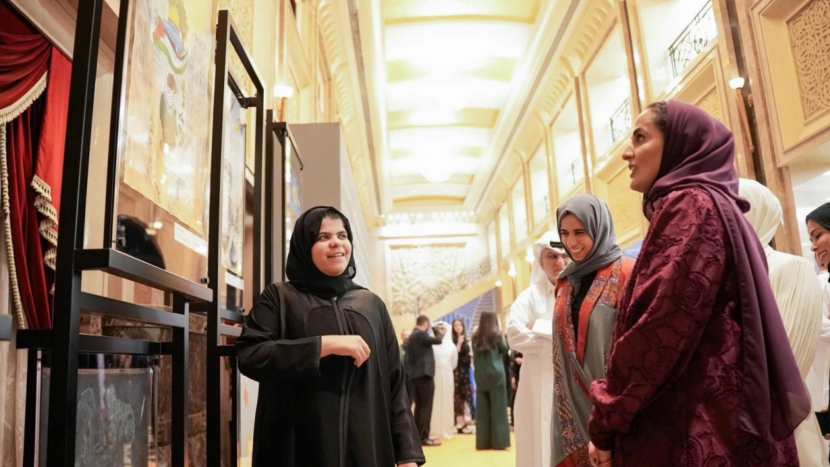 Minister of Education and Higher Education H E Lolwah bint Rashid Al Khater, Chairperson of Doha Film Institute H E Sheikha Al Mayassa bint Hamad Al-Thani along with senior officials and students at the inauguration of the art exhibition.