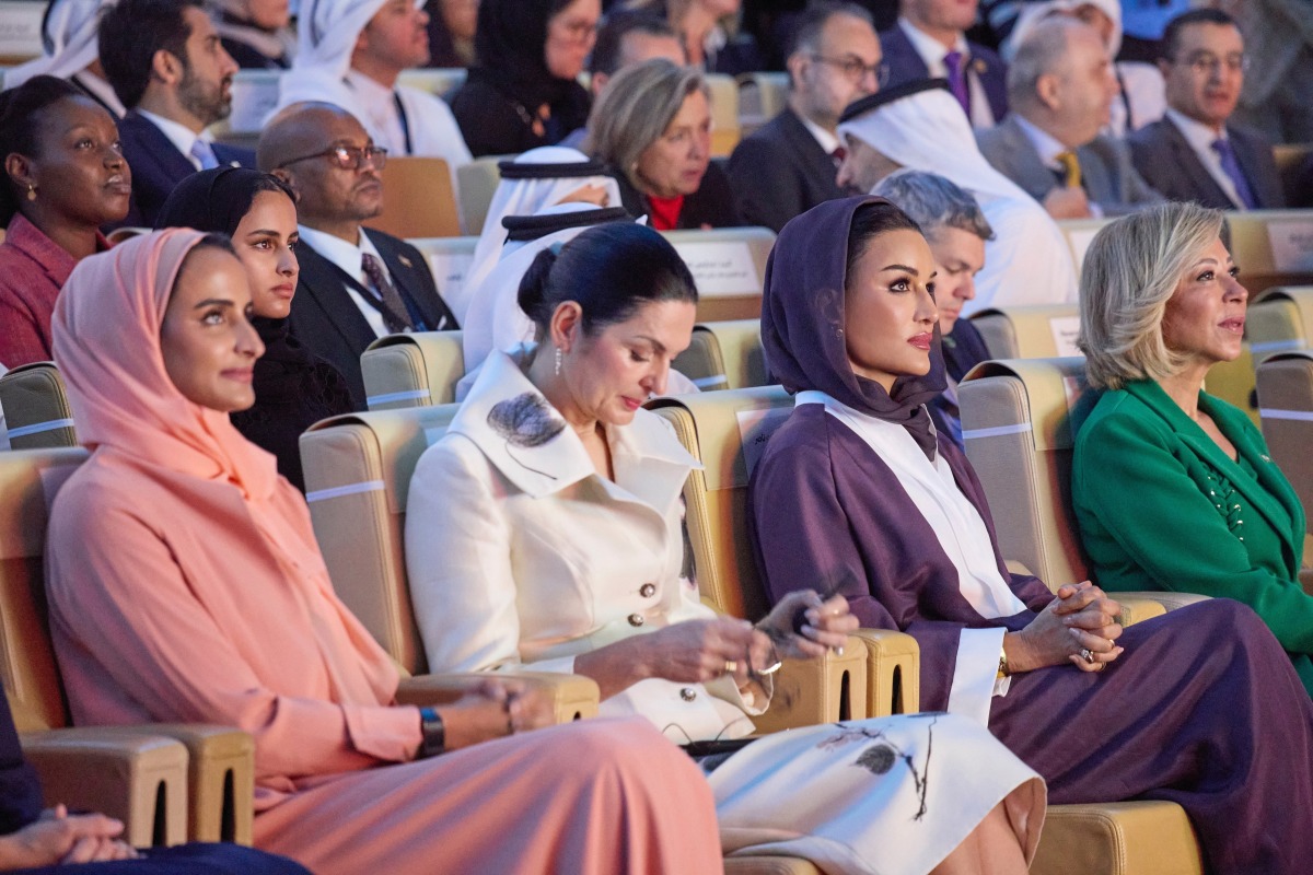 Chairperson of Qatar Foundation H H Sheikha Moza bint Nasser, Vice Chairperson of Qatar Foundation H E Sheikha Hind bint Hamad Al Thani, other dignitaries and participants during the opening of the WISE 12 Summit yesterday. RIGHT: Minister of Education and Higher Education H E Lolwah bint Rashid bin Mohammed Al Khater speaking during the summit. Pics: Rajan Vadakkemuriyil/The Peninsula