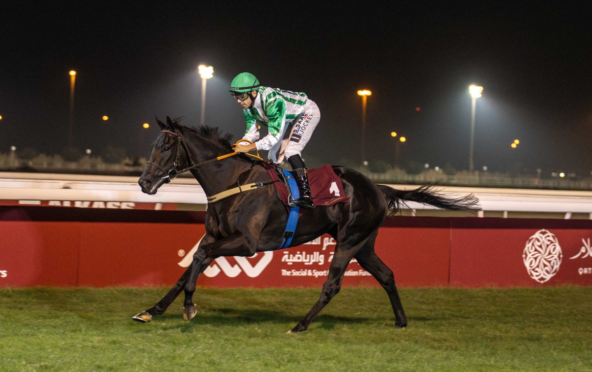 Aeon’s Aegis powers to victory in the Thoroughbred Derby Trial at Al Uqda Racecourse yesterday.