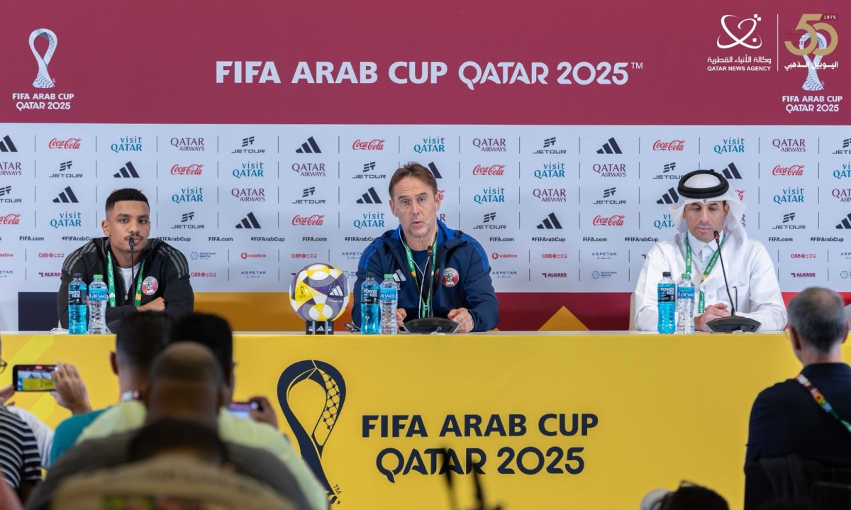 Qatar coach Julen Lopetegui (middle) speaks during a press conference yesterday.