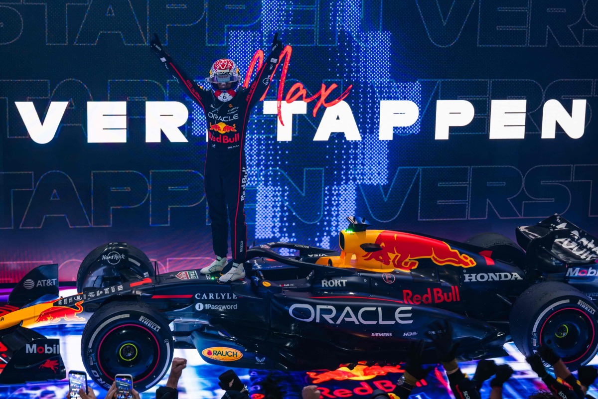 Red Bull Racing’s Dutch driver Max Verstappen celebrates after winning the Formula One Qatar Grand Prix. PIC: AFP