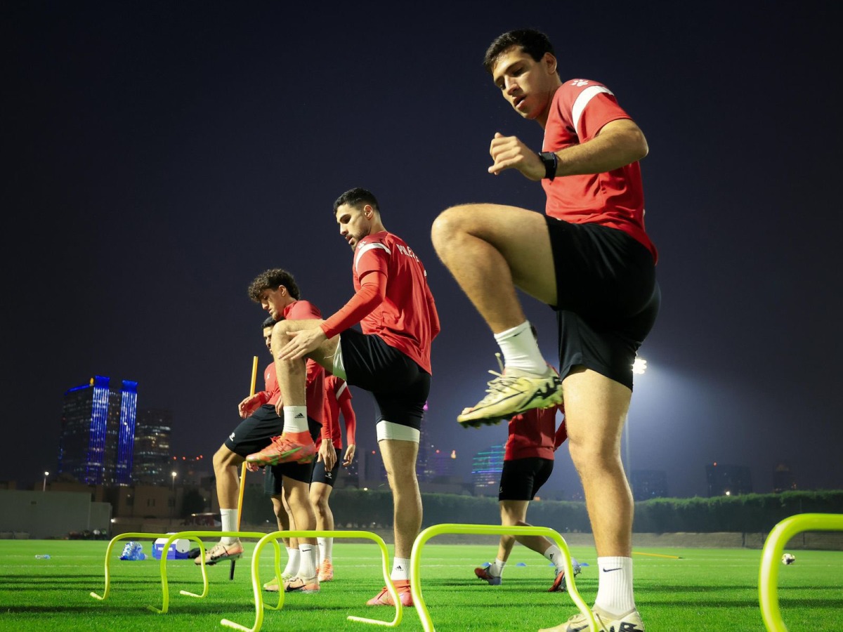 Palestine players during a training session yesterday.