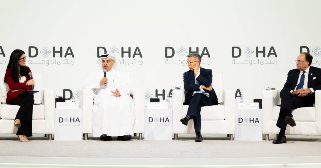 FROM LEFT: Minister of Finance H E Ali bin Ahmed Al Kuwari, Deputy Managing Director of IMF Bo Li, Minister of Finance of Pakistan, H E Muhammad Aurangzeb during the panel discussion, yesterday.
