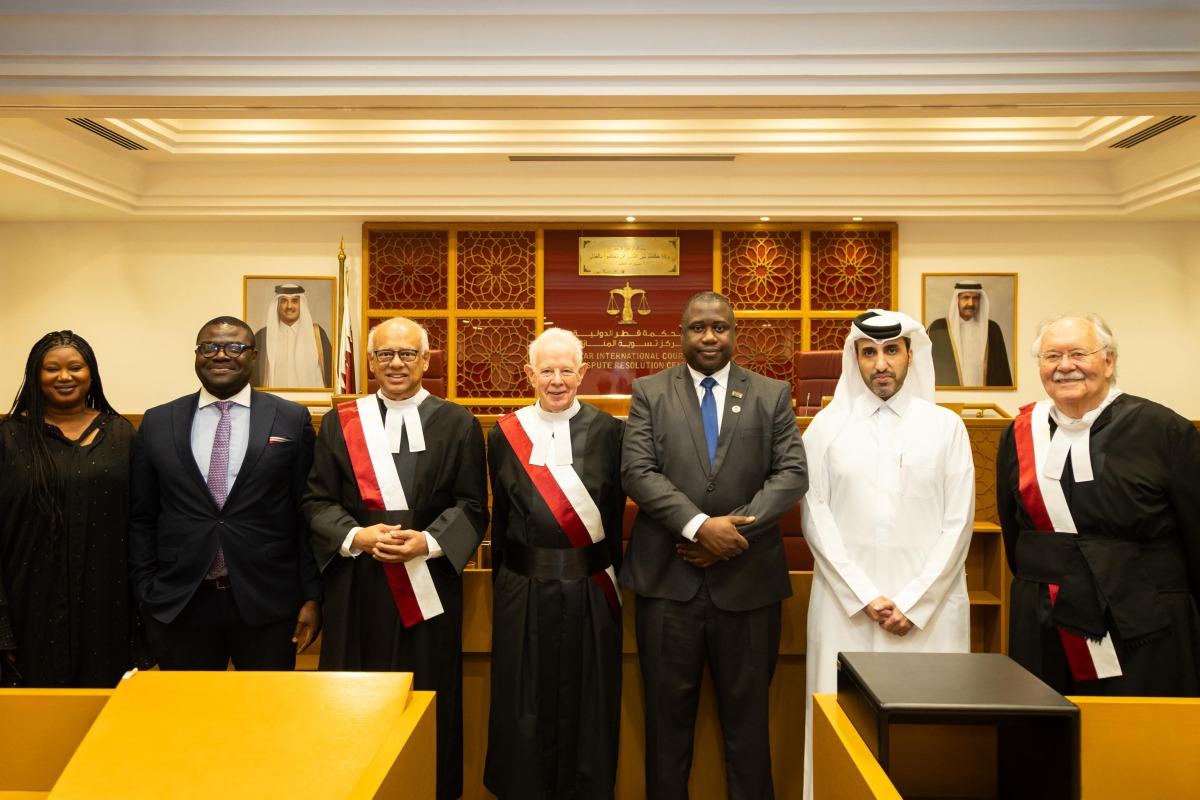 H E The Rt. Hon. Lord John Thomas, President of the Court, and Faisal bin Rashid Al-Sahouti, CEO of the Qatar International Court receiving Attorney General and Minister of Justice of Gambia, H E Dawda Jallow during the meeting.