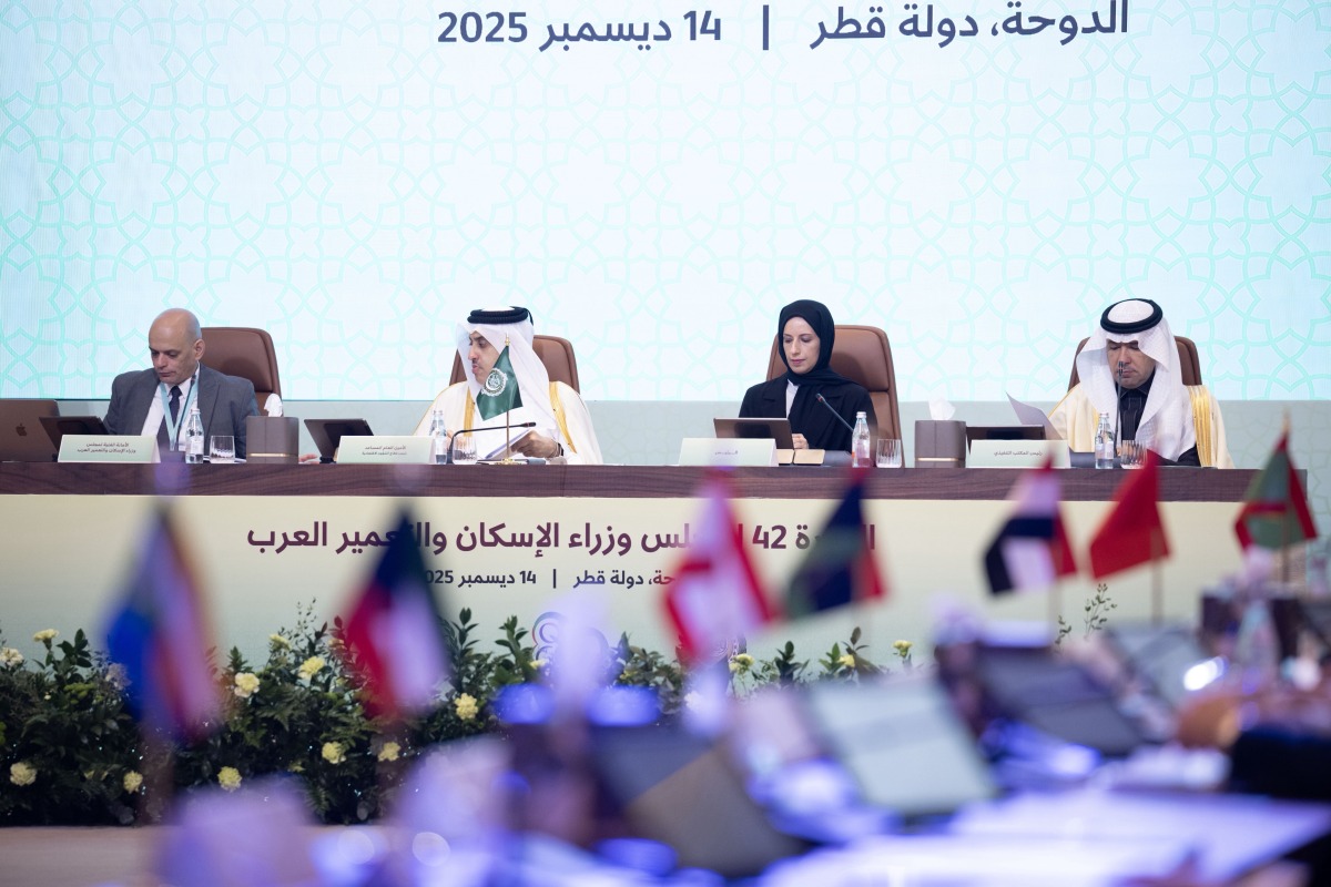 Minister of Social Development and Family H E Buthaina bint Ali Al Jabr Al Nuaimi (second right) chairing 42nd session of the Council of Arab Ministers of Housing and Construction in Doha yesterday.
