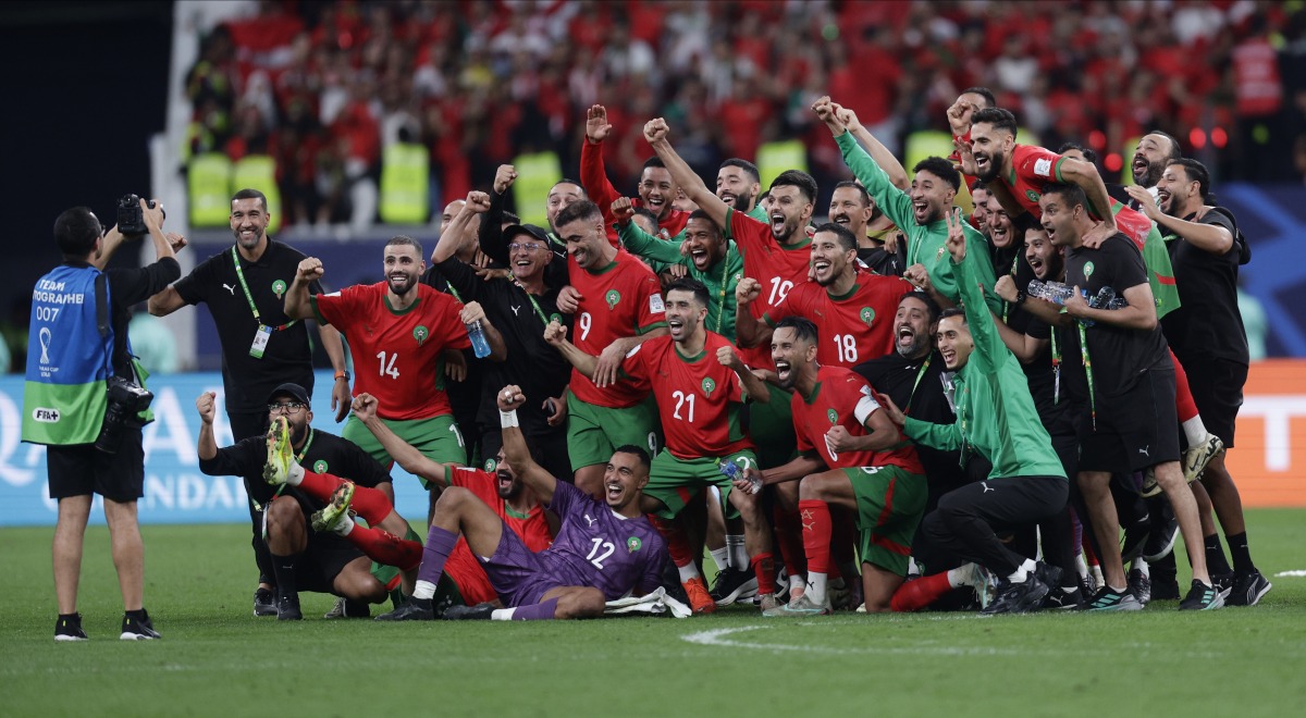 Morocco players and officials celebrate after reaching the FIFA Arab Cup final. PICTURE: Mohammed FaraG/The Peninsula