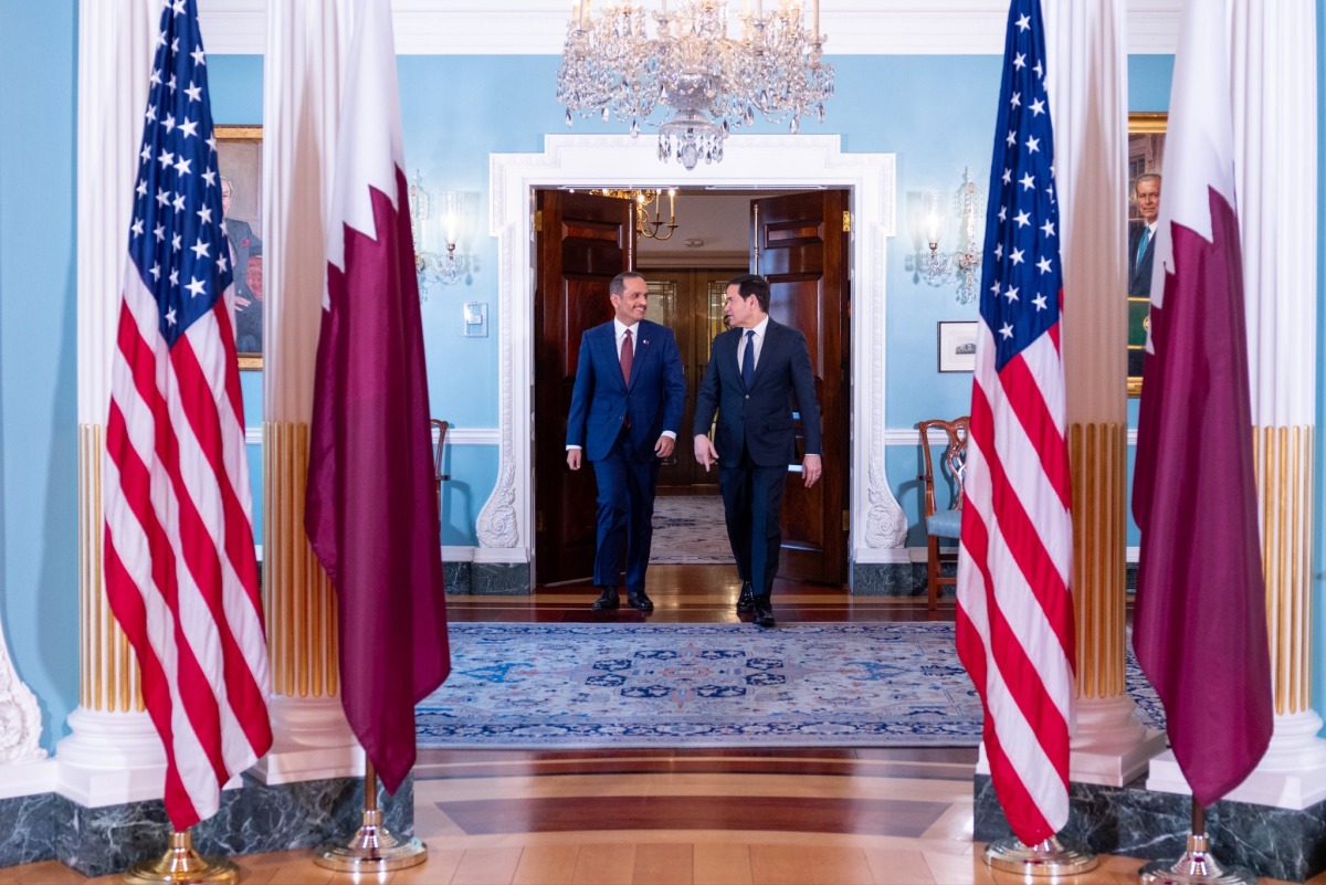 Prime Minister and Minister of Foreign Affairs H E Sheikh Mohammed bin Abdulrahman bin Jassim Al-Thani meeting Secretary of State of the United States of America H E Marco Rubio yesterday.